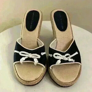 Tommy Hilfiger Medallion Espadrille Wedge Sandal Navy and White Bow Detail